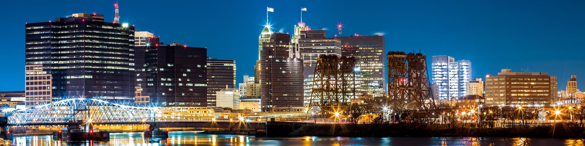 Newark, NJ cityscape by night