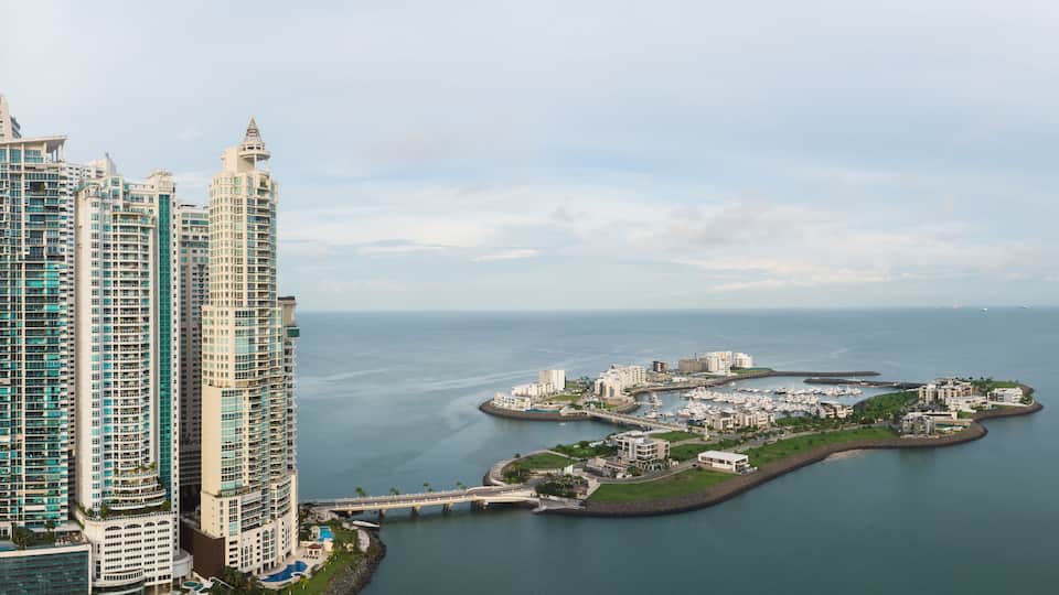 Panama City: Luxury hotels and condo towers in the Punta Pacifica and the ocean reef marina and islands in Panama city in Central America.
