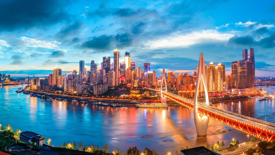 Night city architecture landscape and colorful lights in Chongqing