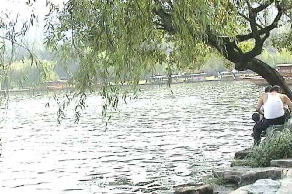 A calm river with a person sitting on a stone ledge under a willow tree.