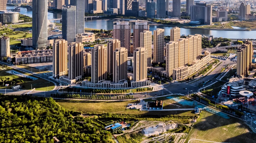 Aerial photography of the skyline of cities along the Haihe River in Tianjin Binhai New Area, China