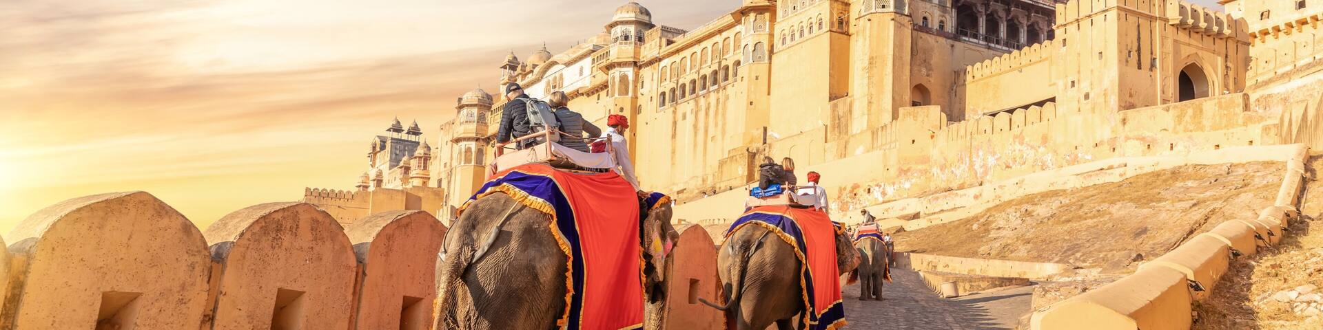 Tourists on the elephants in Amber Fort, Jaipur, Rajasthan, India