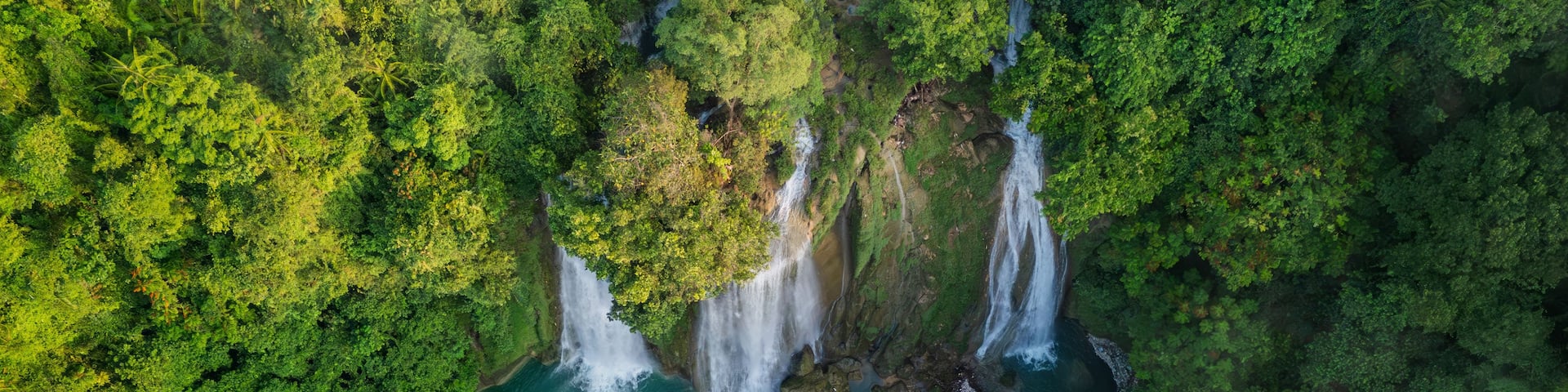 A waterfall surrounded by dense green forest.