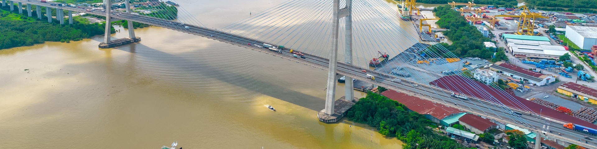 Drone view of Phu My bridge in Ho Chi Minh city, Vietnam. This is the largest Bridge and an important part of the infrastructure of modern Ho Chi Minh City
