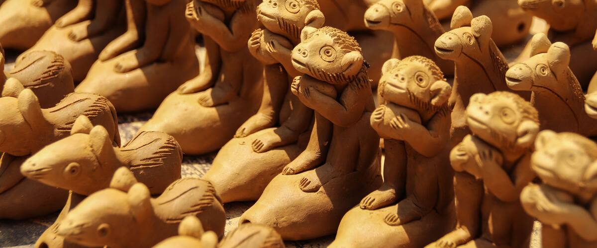 Traditional clay animal sculpture sold as souvenirs in Thanh Ha Pottery Village in Hoi An, Vietnam