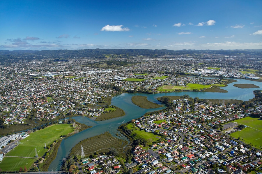 F1G02M Whau River, Avondale, Auckland, North Island, New Zealand - aerial