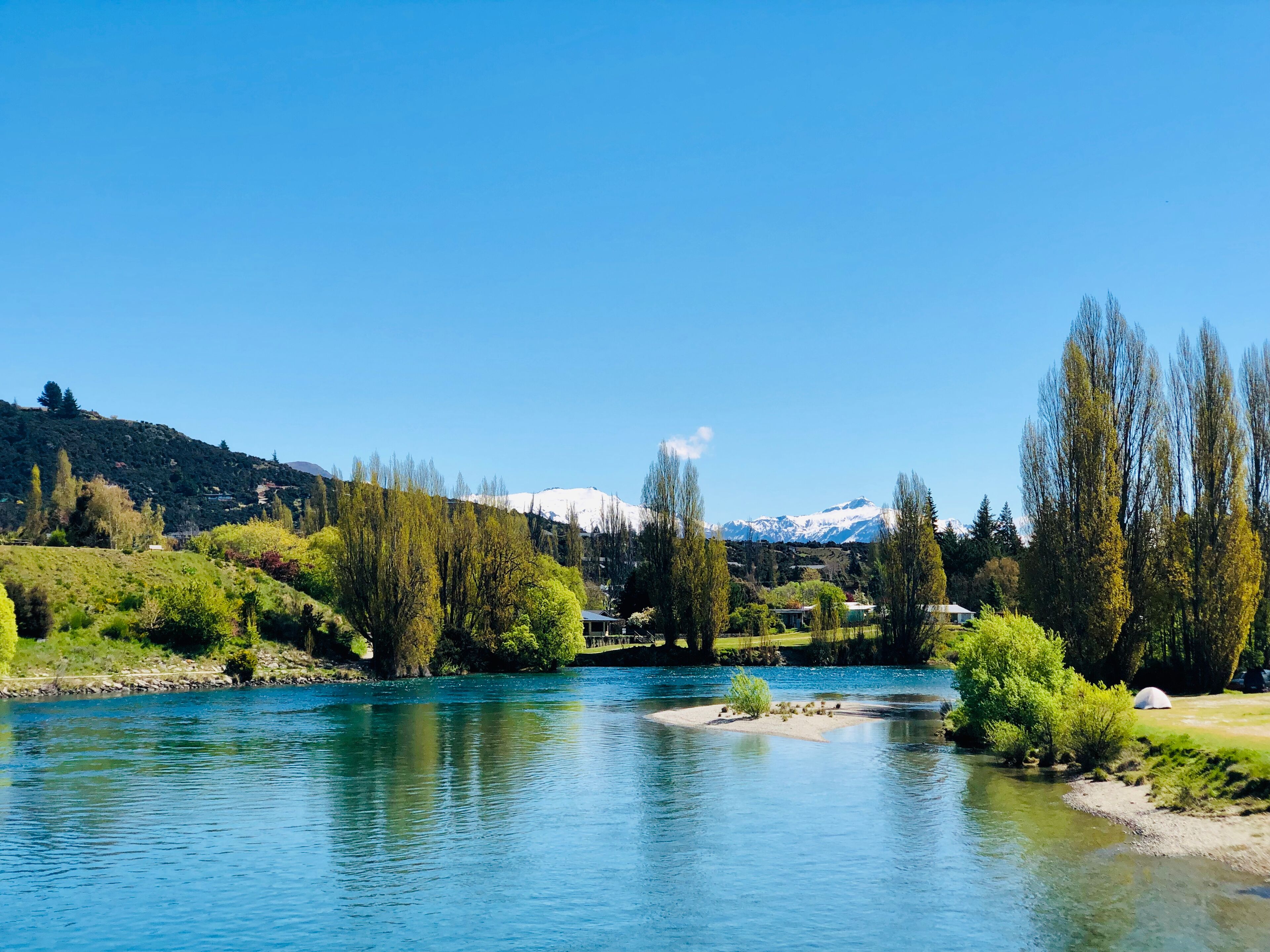A river with trees and a mountain in the background.