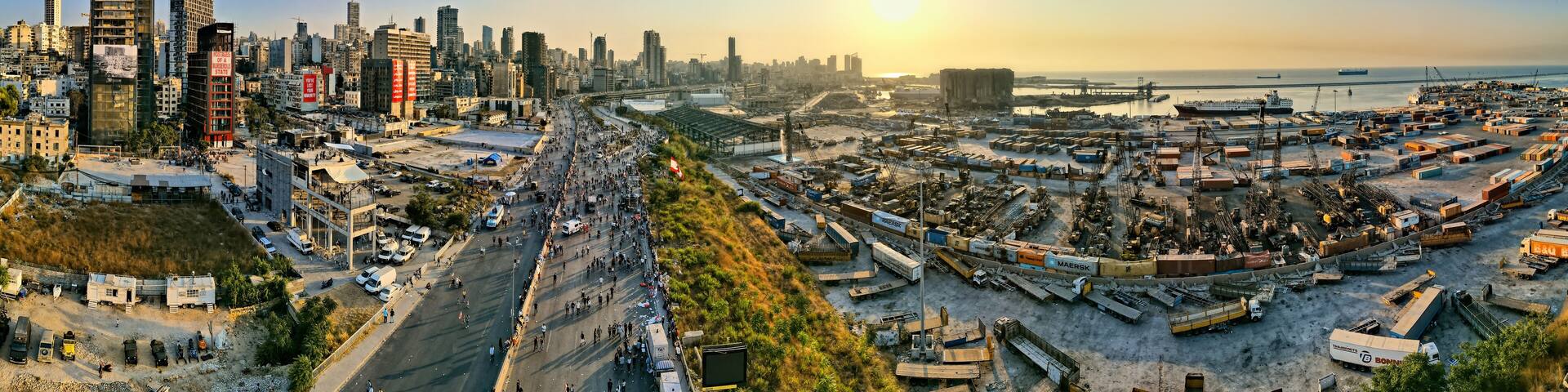 A drone aerial shot showing Port of Beirut explosion site and the surrounding area.