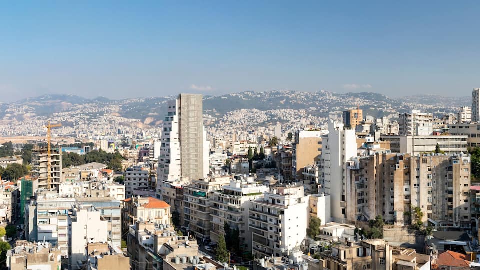 Panoramic skyline view of the crowded buildings in downtown Beirut, Lebanon