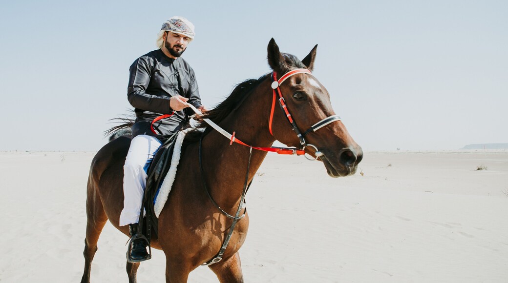 Arabian man with traditional clothes riding his horse