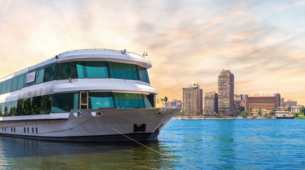 Cruise ship on the Nile and view on Gezira Island of Cairo, Egypt