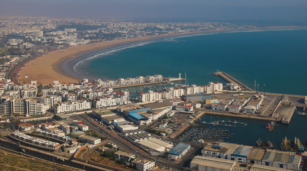 Coastal scene of agadir city, sandy agadir beach and skyline