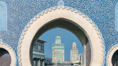 Un arco ornamentado con elaborados diseños de azulejos azules y blancos, que da acceso a una vista de una mezquita con una cúpula verde y minaretes.