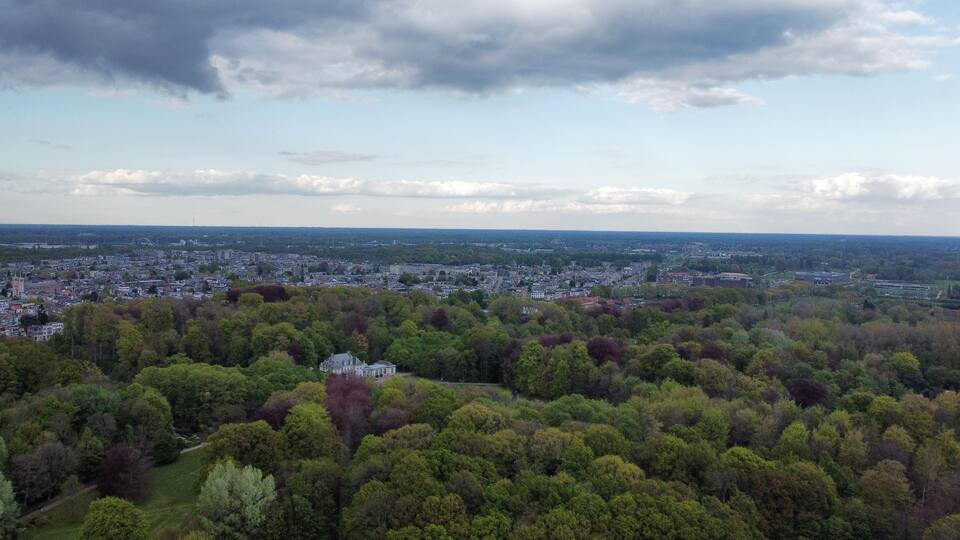Aerial view of a picturesque forest and Het Rivierenhof. Antwerp, Belgium