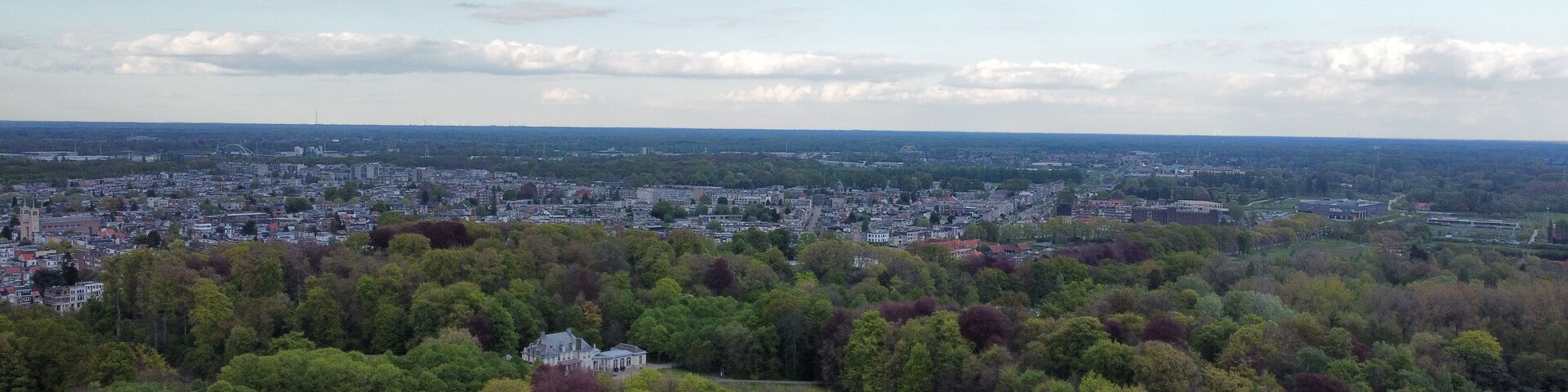 Un paisaje urbano con un bosque denso en primer plano y un cielo nublado.