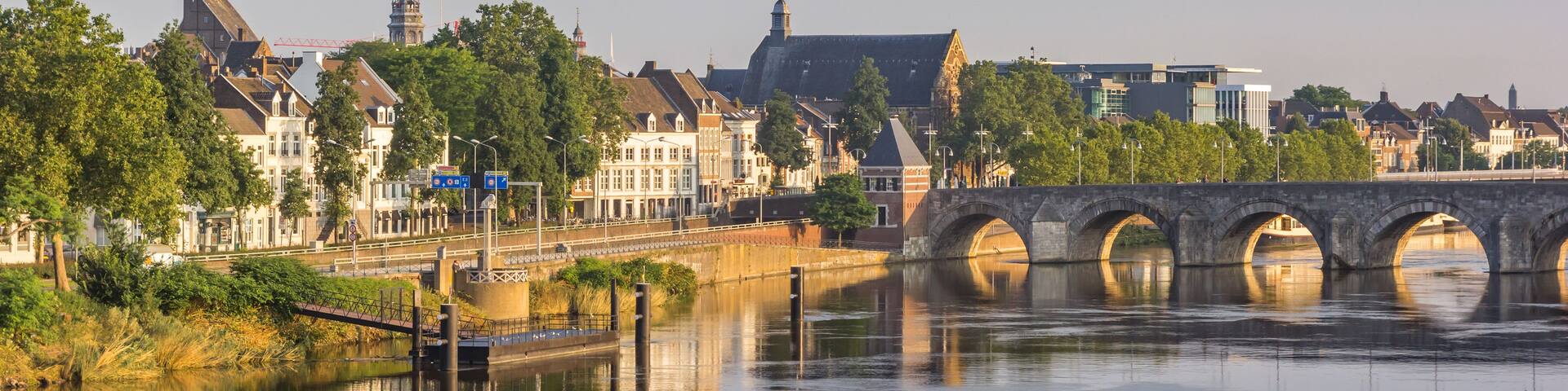 A river with a stone bridge, buildings, and trees along the banks.