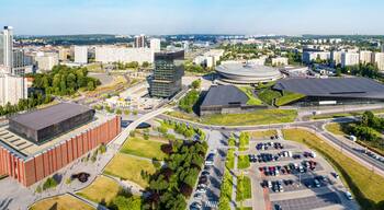 Wide aerial panorama of Katowice city center in Poland