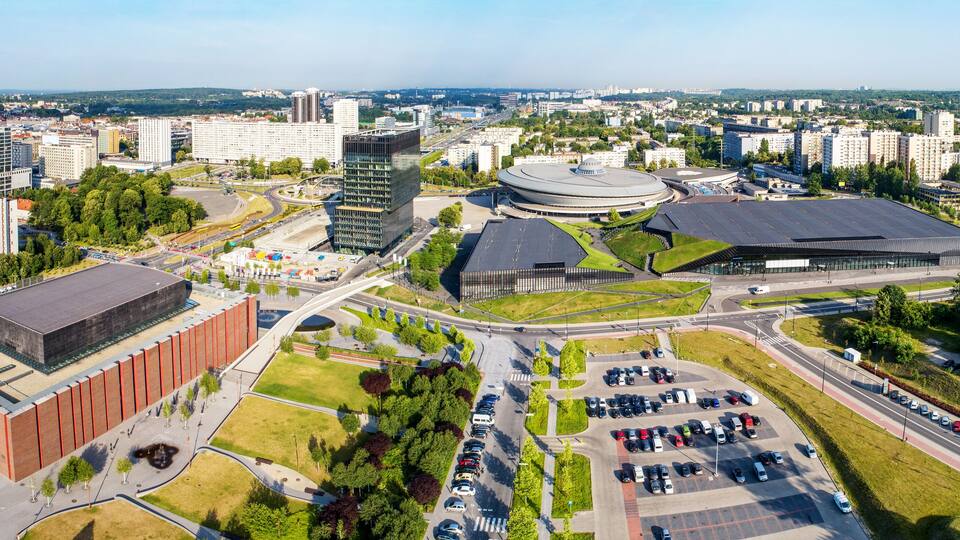 Wide aerial panorama of Katowice city center in Poland