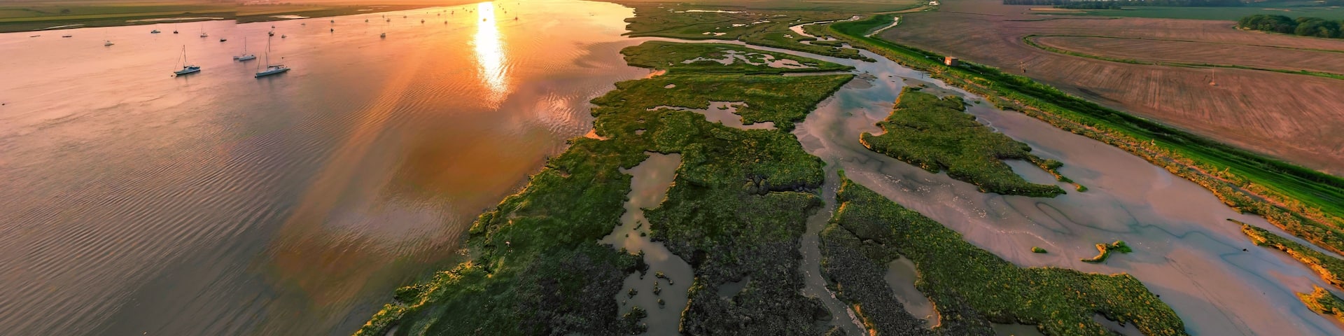 A river with boats, a sunset, and a landscape with green vegetation and fields.