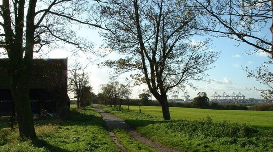 Entrance to Trimley Marshes The entrance to Trimley Marshes with Felixstowe docks in the background.