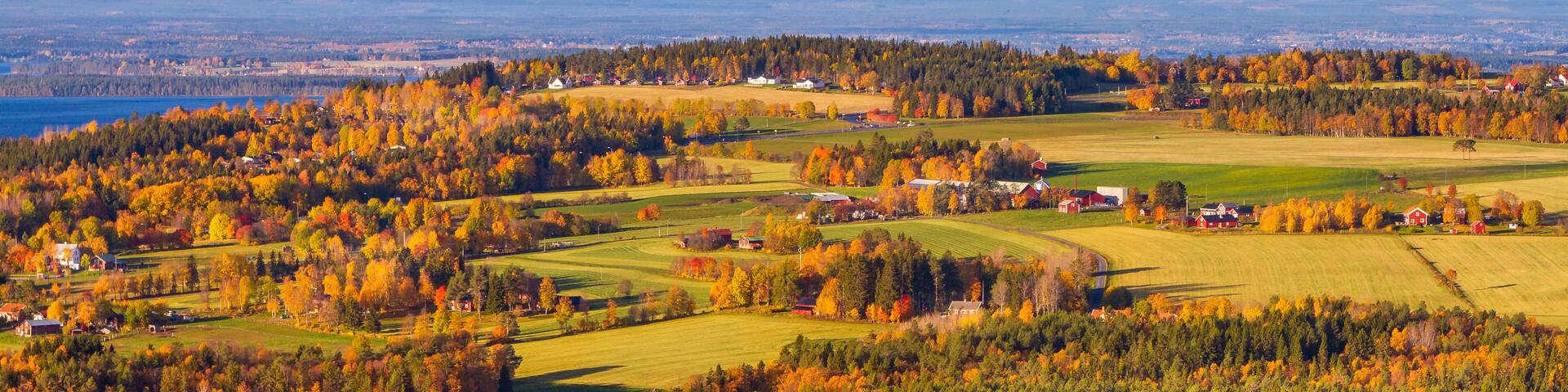 A panoramic view of a rural landscape with autumn foliage, a lake, and snow-capped mountains in the distance.