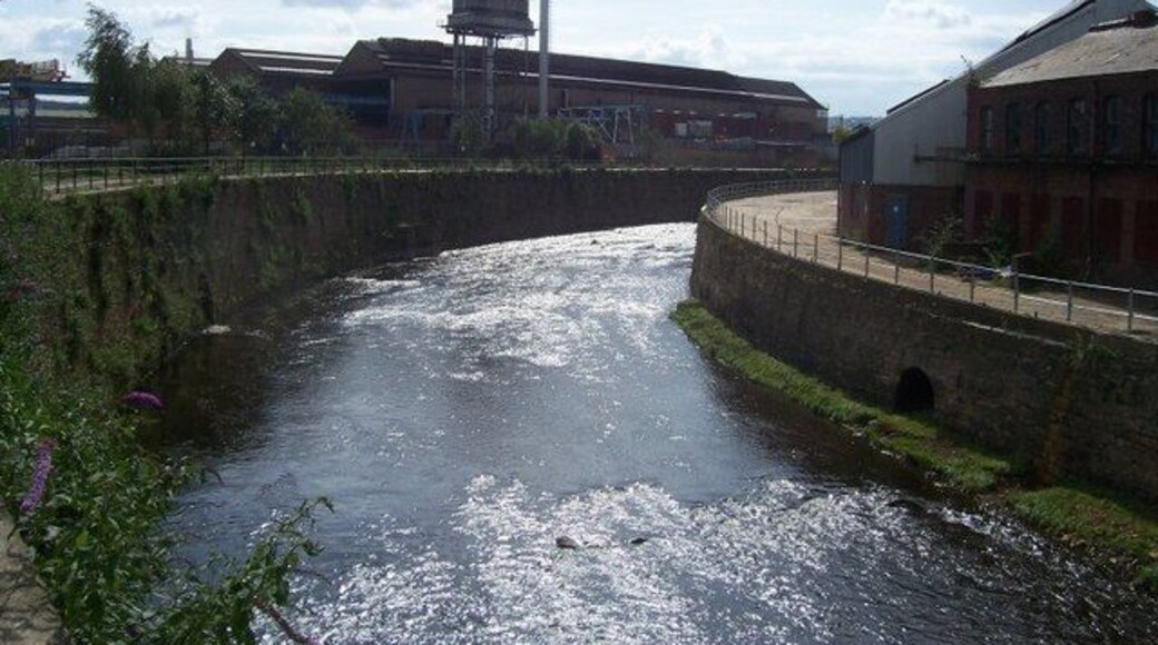 The River Don near Attercliffe Cemetery This section of the Don once took a longer loop South of here. The river was diverted and canalised by the Duke of Norfolk Estate in 1884. The left bank of the in this picture is part of the Five Weirs Walk.