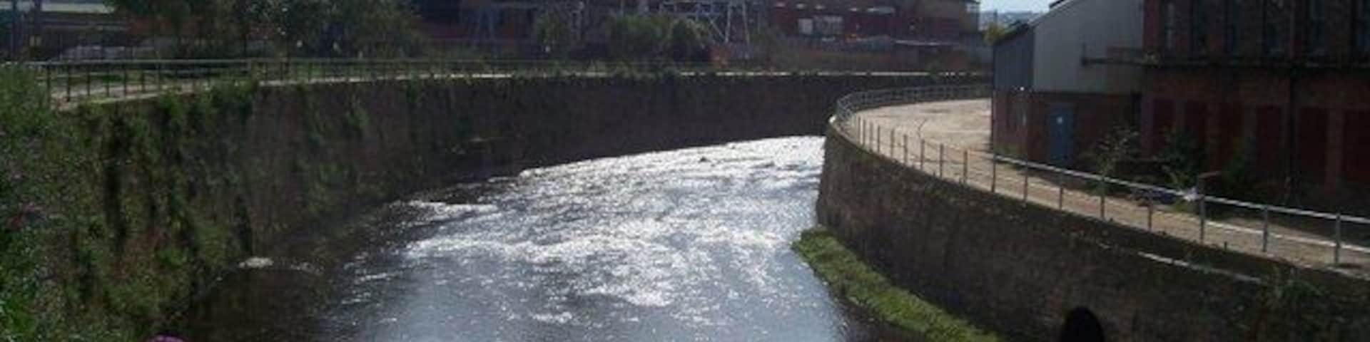 The River Don near Attercliffe Cemetery This section of the Don once took a longer loop South of here. The river was diverted and canalised by the Duke of Norfolk Estate in 1884. The left bank of the in this picture is part of the Five Weirs Walk.