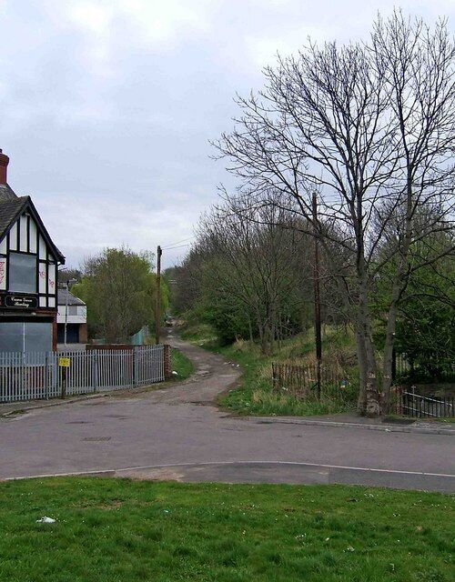 Infield Lane, Darnall. This lane goes past allotments and a golf course. On the left of the picture can be seen the closed Halfway House public house. 1258313