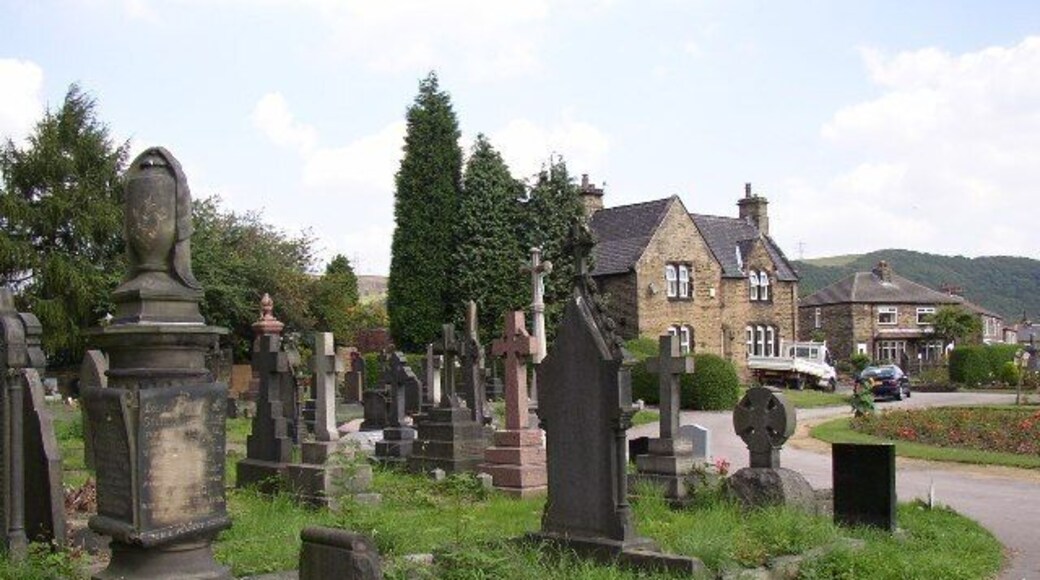 Cemetery, Exley Lane, Elland. Quite a variety of monuments, some looking Victorian, as does the house that was presumably provided for a caretaker (or whatever people who look after cemeteries are called!).