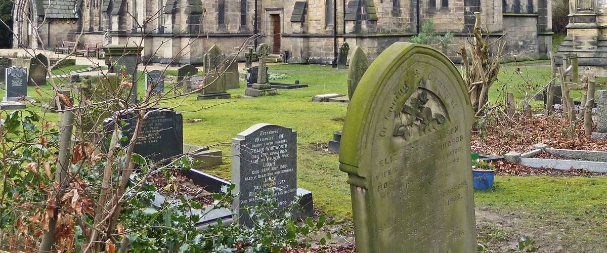 A church with a tall spire and a clock. There are gravestones in the foreground.