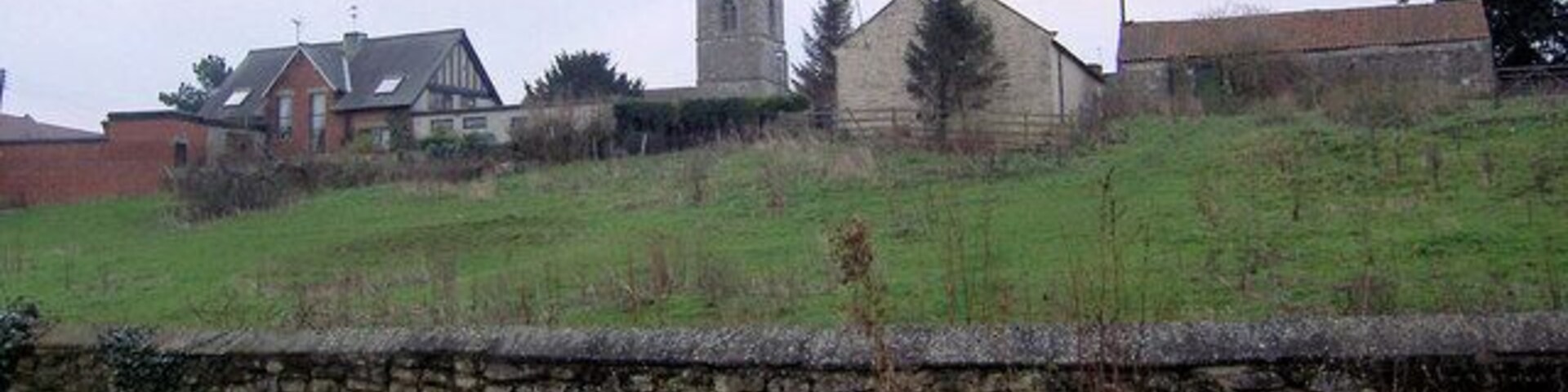 View from Lime Kiln Lane, Stainton, South Yorkshire, across a pasture to the tower of St Winifred's parish church