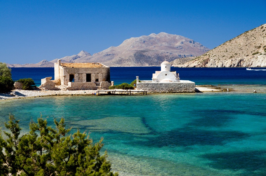 Alimnia Island and Aghios Minas church. Situated between Chalki and Rhodes, Dodecanese Islands, Greece.