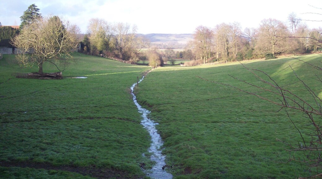 Stream near Sundridge Place Farm Seen from a bridleway from Church Road to Dryhill Farm on Dryhill Lane. The North Downs are in the background.