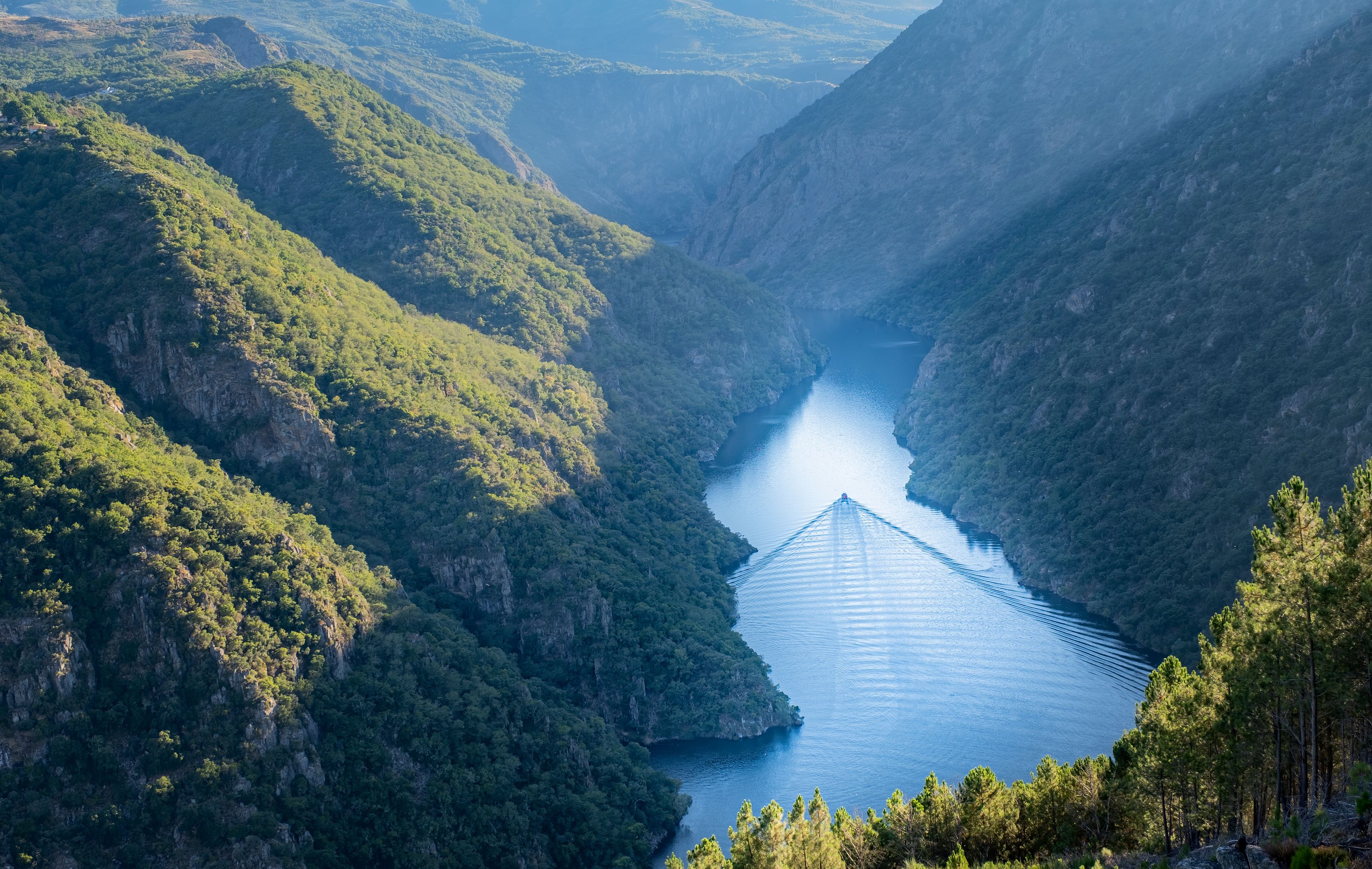 Un río serpentea por un valle montañoso con colinas boscosas y frondosas.