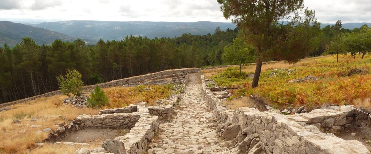 Ancient stone ruins with a stone pathway leading through a forested hillside.