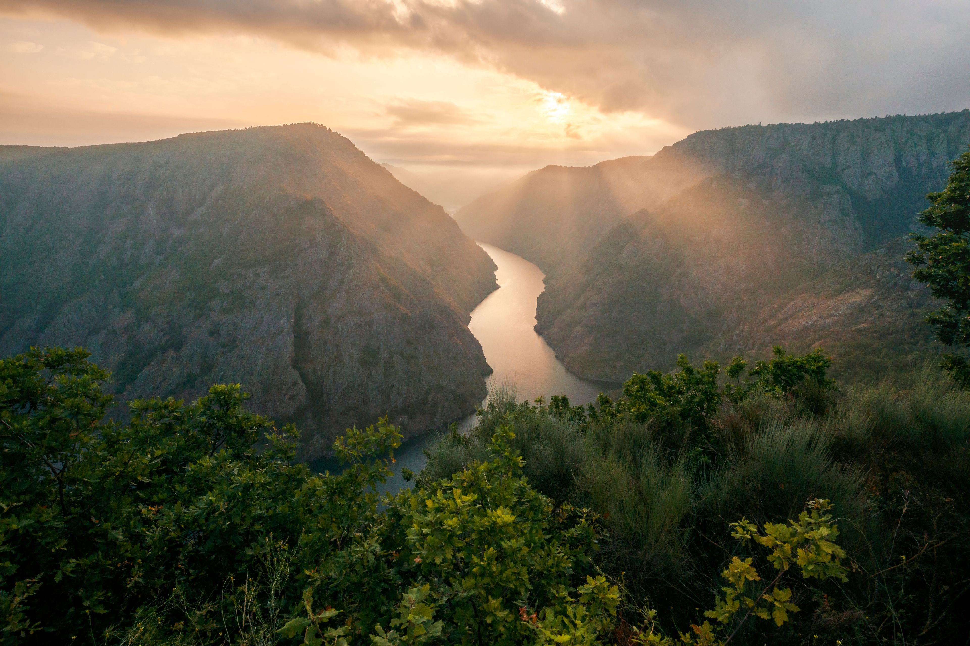 A canyon with a river flowing through it, surrounded by mountains and dense greenery.