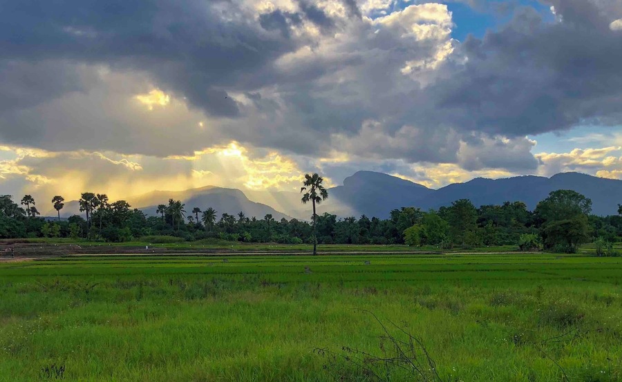 This was on a roadtrip the Mae Hong Son loop in north Thailand. We slept in this basic hotel with basic cabins but this beautifull view over the rice fields. Be sure to book the cabins at the back to get this view!