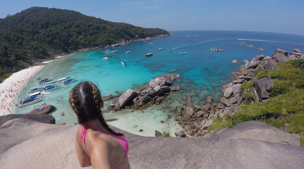 Hiked up to the viewpoint at Sail Rock on Similan Island. The water is so crystal clear turquoise it's unbelievable. There's a little snorkeling here but be careful, the shallows are very rocky and several people were sporting cuts on their feet afterwards.
