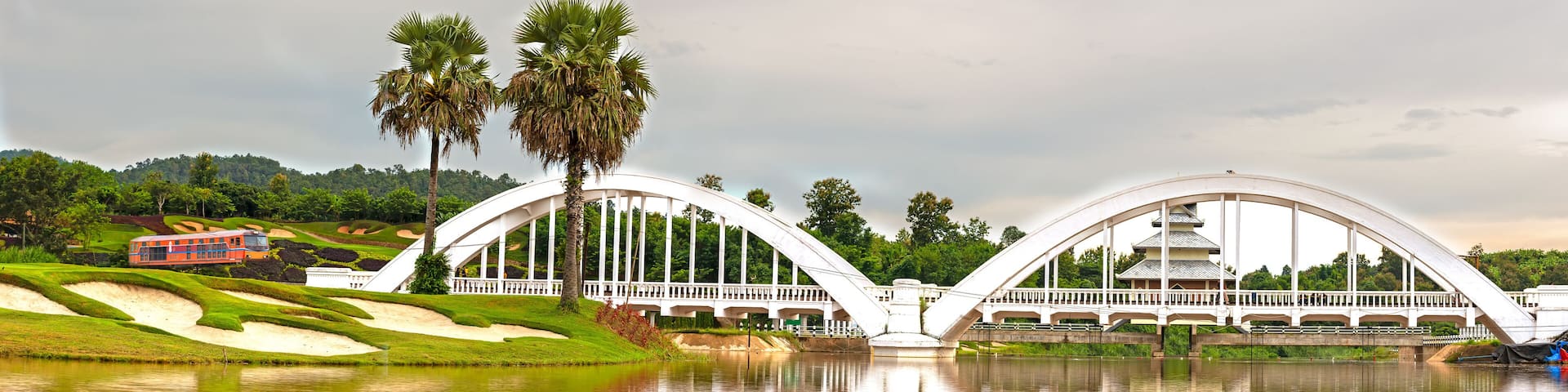 White Bridge of Tha Chomphu Railway Bridge station in morning view at Mae Tha District. Railway chiangmai go to Bangkok Thailand.