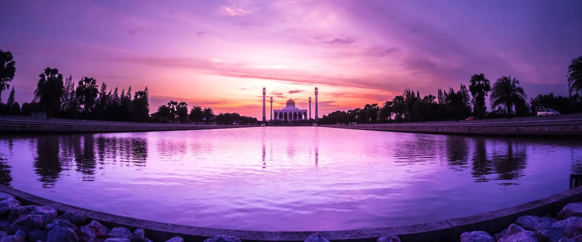 Hat Yai central mosque(masjid) with a beautiful golden sunset light, Songkla, Thailand. Beautiful mosque, Landscape.