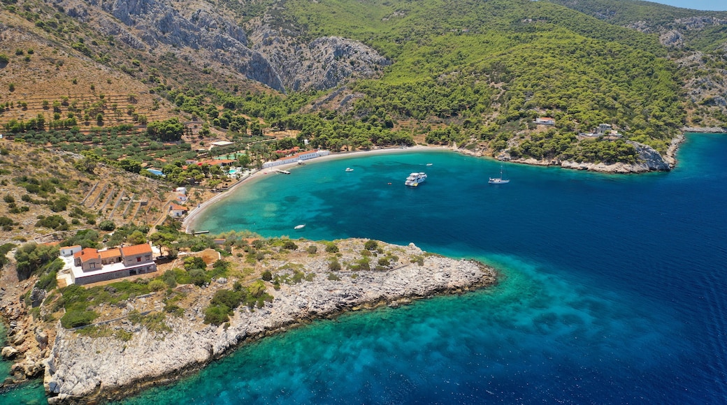 Aerial drone photo of small bay of Molos in picturesque island of Ydra or Hydra, Saronic gulf, Greece