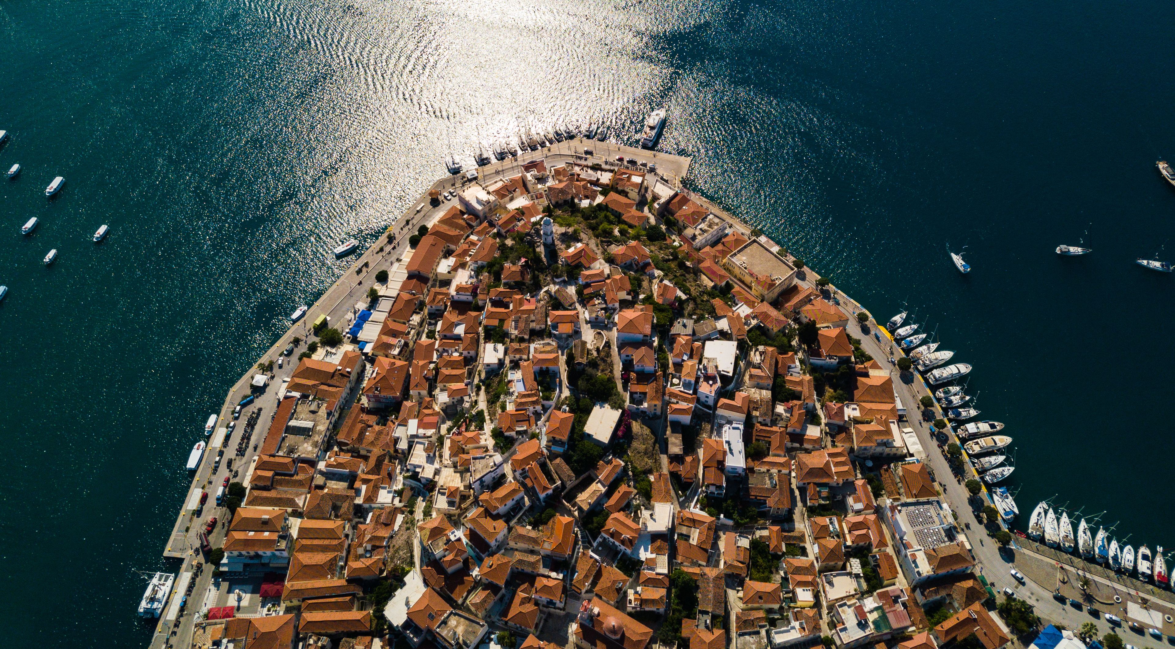 Aerial view of the chapel on the island of Poros. Greece in the summer