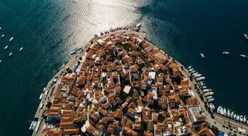 Aerial view of the chapel on the island of Poros. Greece in the summer
