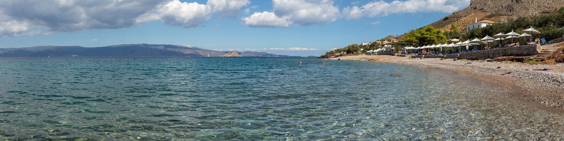 Panorama with Mountain and Vlychos Plakes Beach in Hydra Island