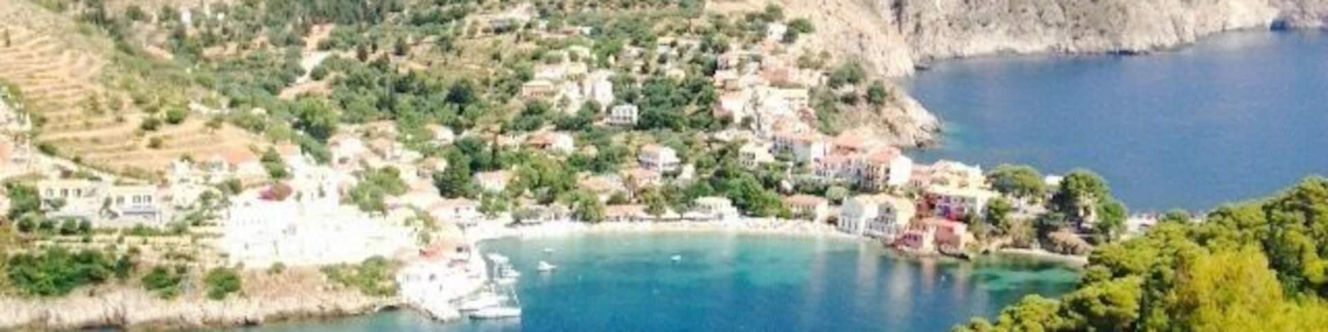 View from the top of the fortress Fourio in Cephalonia, Greece.
Easy paved path makes for a wheelchair friendly hike to top of this fort. Worth the effort. Stunning view.