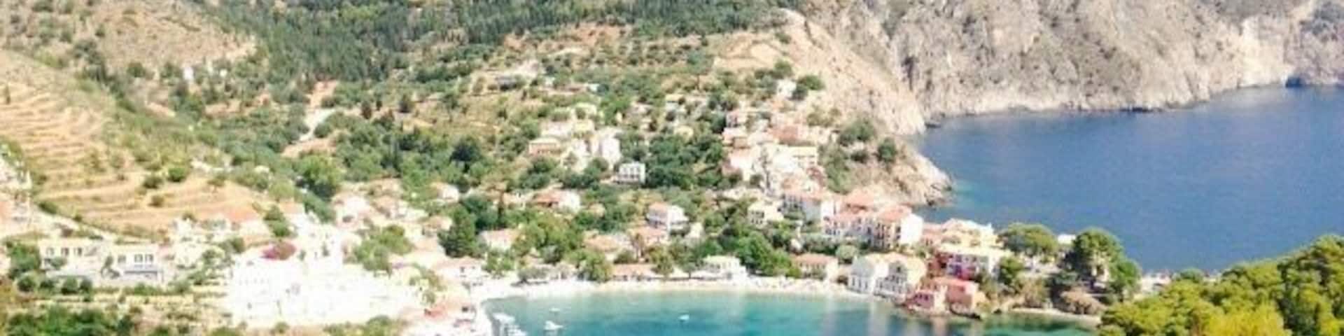 View from the top of the fortress Fourio in Cephalonia, Greece.
Easy paved path makes for a wheelchair friendly hike to top of this fort. Worth the effort. Stunning view.