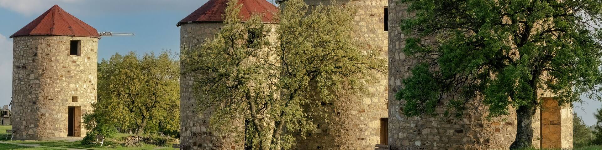 Abandoned Historical Ancient Greek windmills near to Melia village Evros Thrace Greece open to public.