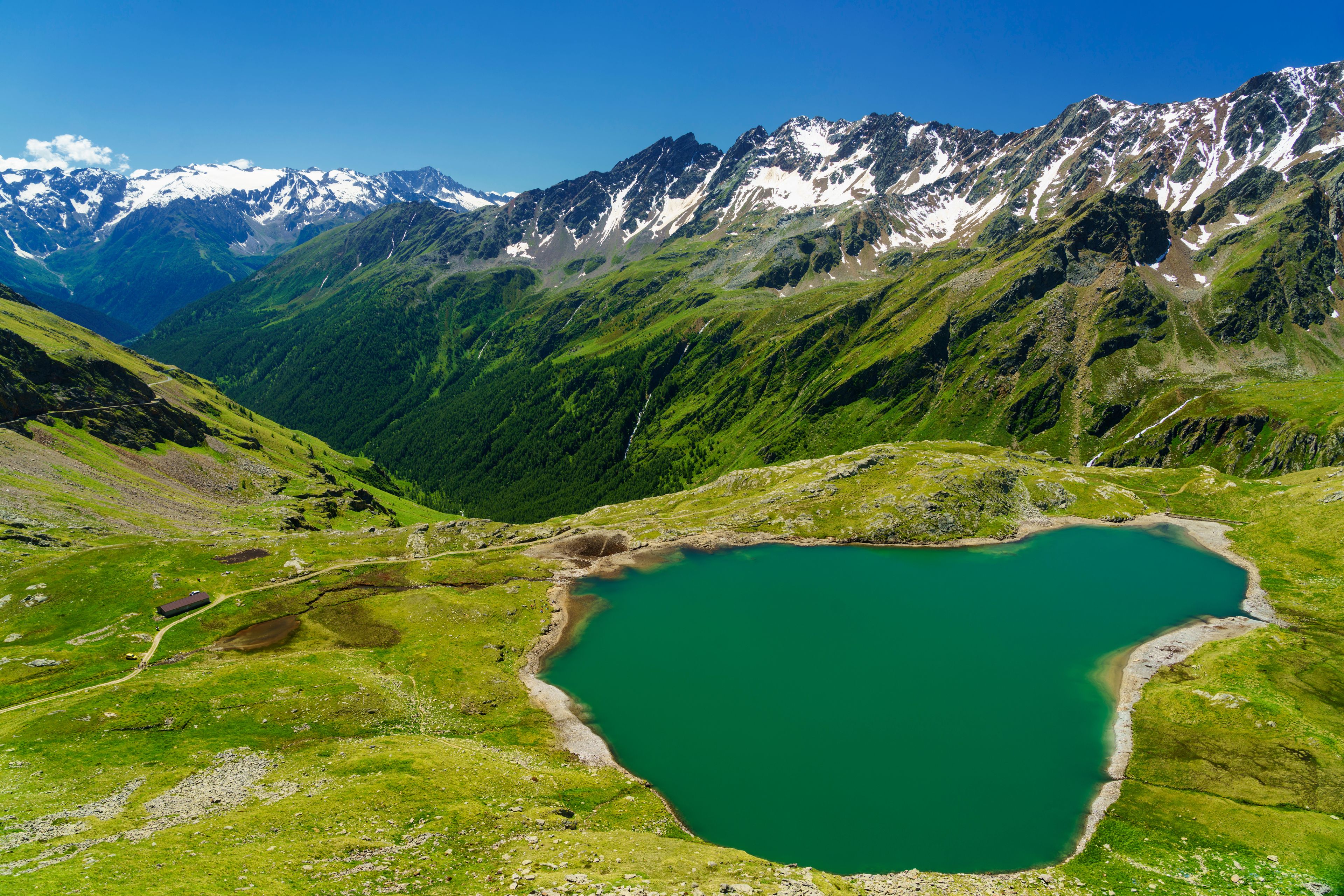 Passo Gavia, mountain pass in Lombardy, Italy, to Val Camonica at summer. Lake