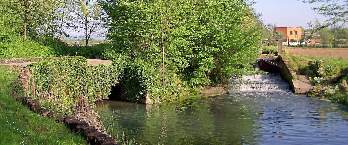 A river with a small bridge, lush greenery, and a distant building.