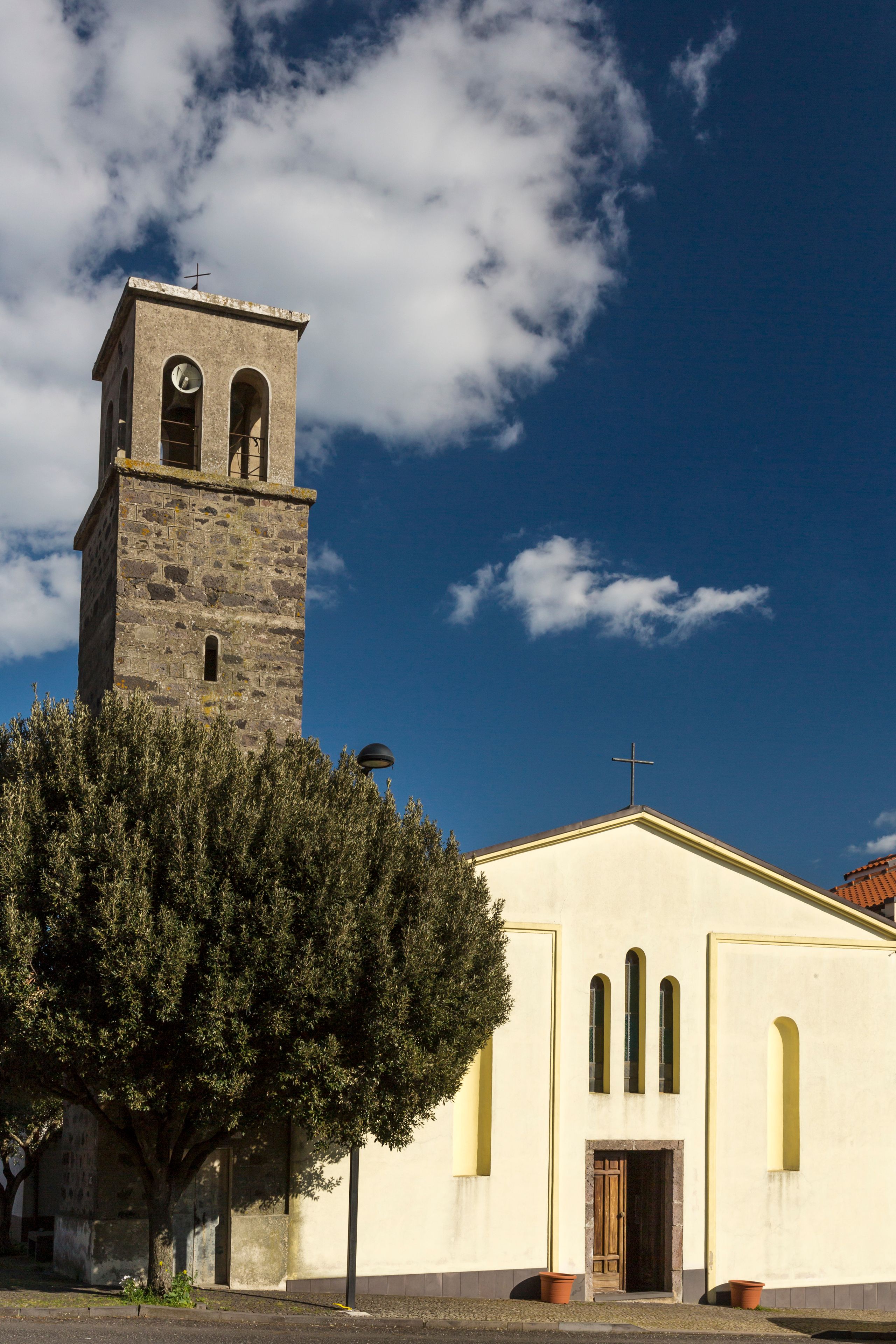 A church with a bell tower and a large tree in front.